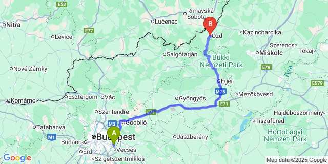 Map: Budapest Airport (BUD), Ferihegy, Liszt Ferenc to Ózd