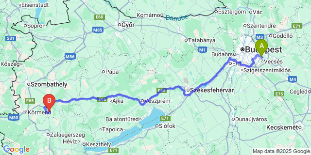 Map: Budapest Airport (BUD), Ferihegy, Liszt Ferenc to Pácsony
