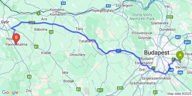 Map: Budapest Airport (BUD), Ferihegy, Liszt Ferenc to Pannonhalma