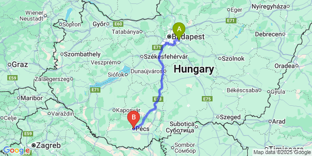 Map: Budapest Airport (BUD), Ferihegy, Liszt Ferenc to Pécs