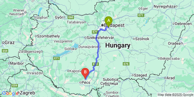 Map: Budapest Airport (BUD), Ferihegy, Liszt Ferenc to Pécsvárad