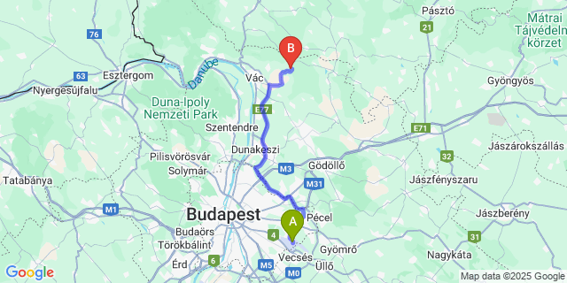 Map: Budapest Airport (BUD), Ferihegy, Liszt Ferenc to Penc