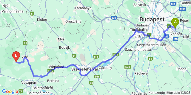 Map: Budapest Airport (BUD), Ferihegy, Liszt Ferenc to Pénzesgyőr
