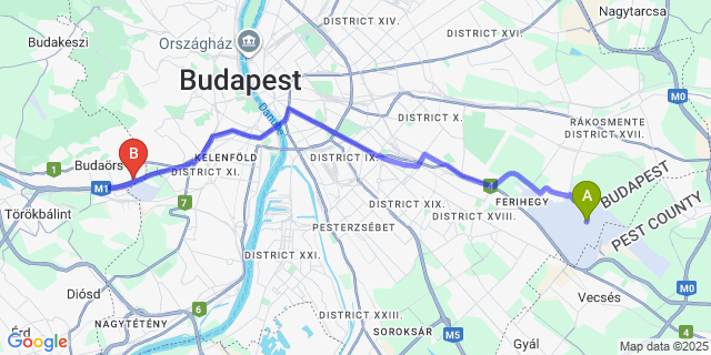 Map: Budapest Airport (BUD), Ferihegy, Liszt Ferenc to Peregrino Panzió