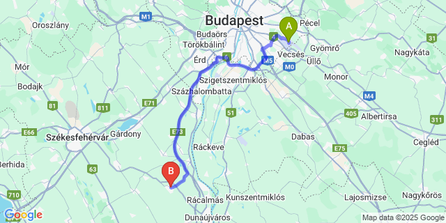 Map: Budapest Airport (BUD), Ferihegy, Liszt Ferenc to Perkáta