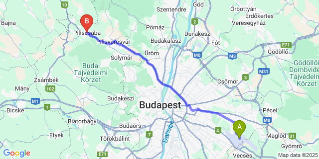 Map: Budapest Airport (BUD), Ferihegy, Liszt Ferenc to Piliscsaba