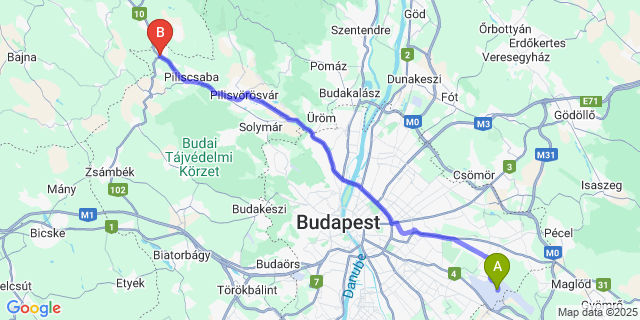 Map: Budapest Airport (BUD), Ferihegy, Liszt Ferenc to Pilisjászfalu
