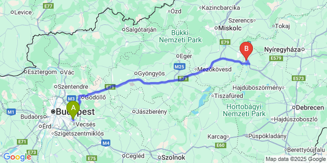 Map: Budapest Airport (BUD), Ferihegy, Liszt Ferenc to Polgár