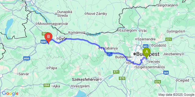 Map: Budapest Airport (BUD), Ferihegy, Liszt Ferenc to Rábapatona
