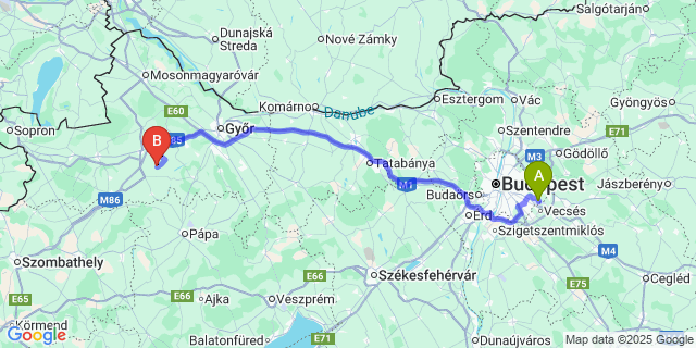 Map: Budapest Airport (BUD), Ferihegy, Liszt Ferenc to Rábapordány