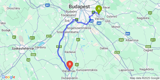 Map: Budapest Airport (BUD), Ferihegy, Liszt Ferenc to Rácalmás
