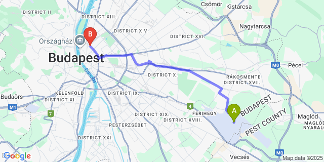 Map: Budapest Airport (BUD), Ferihegy, Liszt Ferenc to Radisson Blu Beke Hotel, Budapest