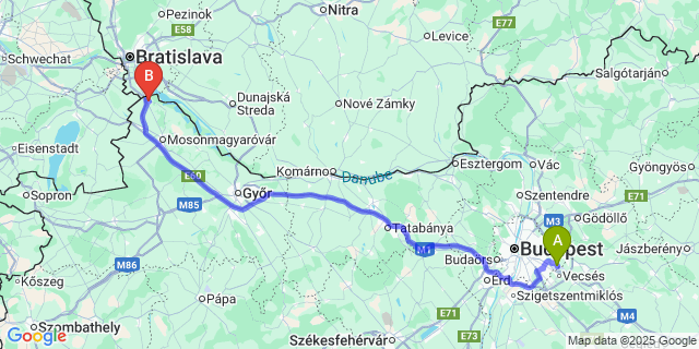 Map: Budapest Airport (BUD), Ferihegy, Liszt Ferenc to Rajka