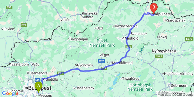 Map: Budapest Airport (BUD), Ferihegy, Liszt Ferenc to Regéc