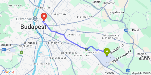 Map: Budapest Airport (BUD), Ferihegy, Liszt Ferenc to RES City Residence Hotel Budapest