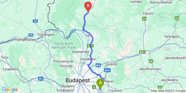 Map: Budapest Airport (BUD), Ferihegy, Liszt Ferenc to Rétság