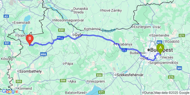 Map: Budapest Airport (BUD), Ferihegy, Liszt Ferenc to Röjtökmuzsaj