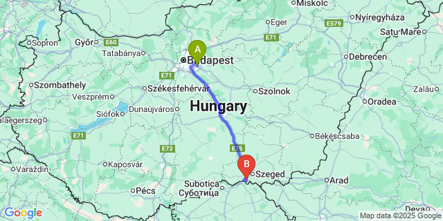 Map: Budapest Airport (BUD), Ferihegy, Liszt Ferenc to Röszke