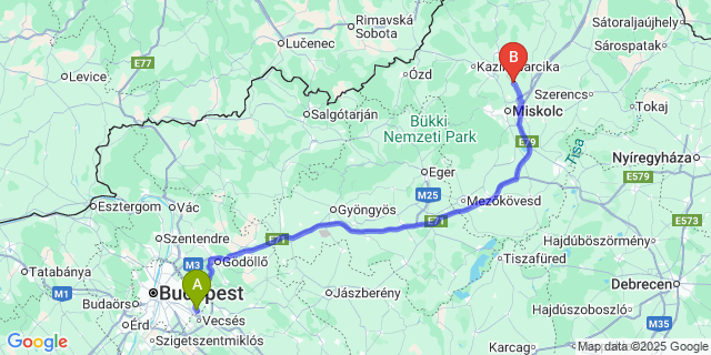 Map: Budapest Airport (BUD), Ferihegy, Liszt Ferenc to Sajósenye