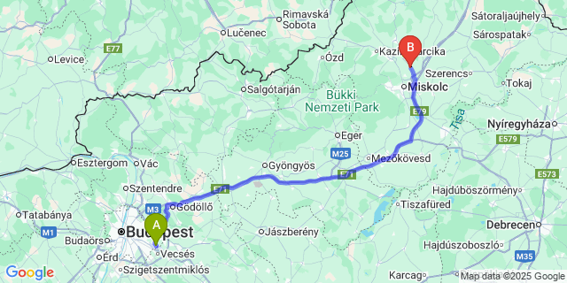 Map: Budapest Airport (BUD), Ferihegy, Liszt Ferenc to Sajóvámos