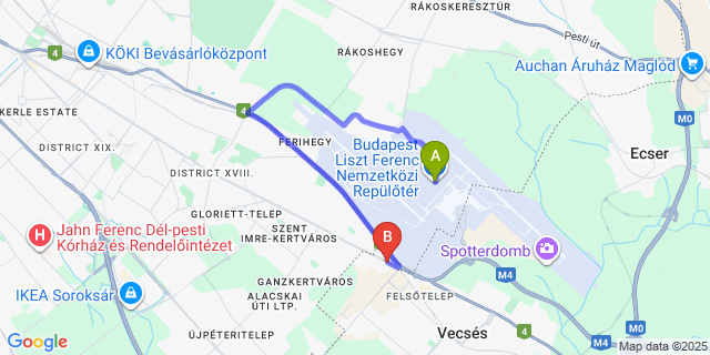 Map: Budapest Airport (BUD), Ferihegy, Liszt Ferenc to Sarokház Panzió