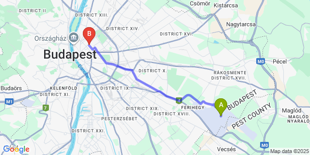 Map: Budapest Airport (BUD), Ferihegy, Liszt Ferenc to Silver Hotel Budapest City Center