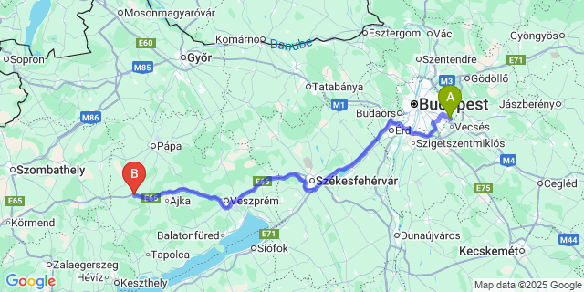 Map: Budapest Airport (BUD), Ferihegy, Liszt Ferenc to Somlójenő