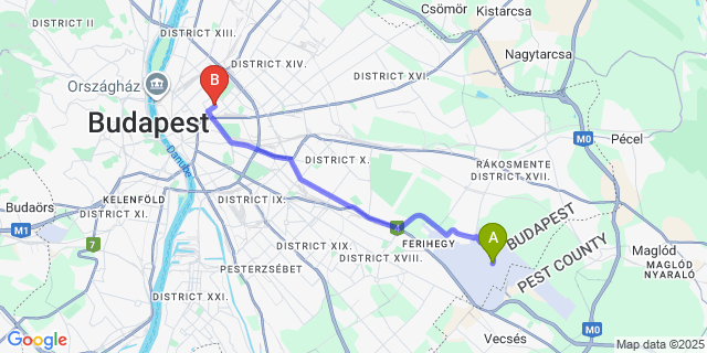 Map: Budapest Airport (BUD), Ferihegy, Liszt Ferenc to Star City Hotel