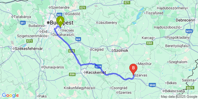 Map: Budapest Airport (BUD), Ferihegy, Liszt Ferenc to Szarvas