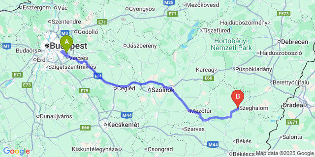 Map: Budapest Airport (BUD), Ferihegy, Liszt Ferenc to Szeghalom