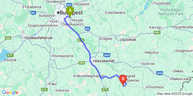 Map: Budapest Airport (BUD), Ferihegy, Liszt Ferenc to Szegvár