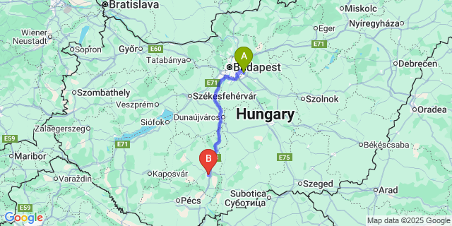 Map: Budapest Airport (BUD), Ferihegy, Liszt Ferenc to Szekszárd