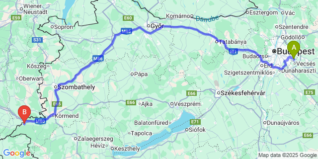 Map: Budapest Airport (BUD), Ferihegy, Liszt Ferenc to Szentgotthárd