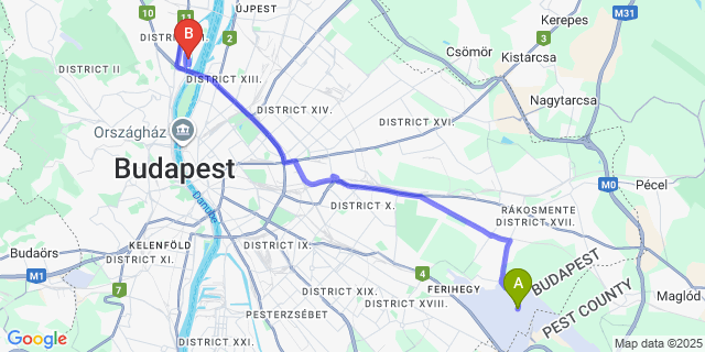 Map: Budapest Airport (BUD), Ferihegy, Liszt Ferenc to Sziget Festival
