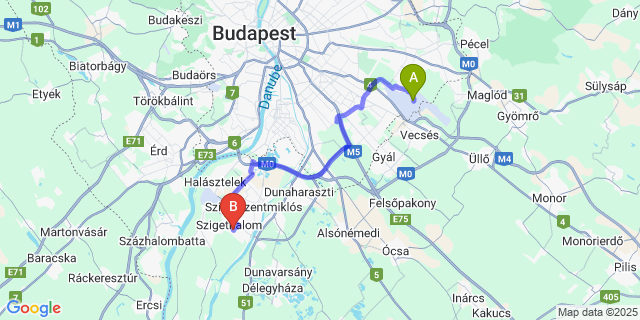 Map: Budapest Airport (BUD), Ferihegy, Liszt Ferenc to Szigethalom