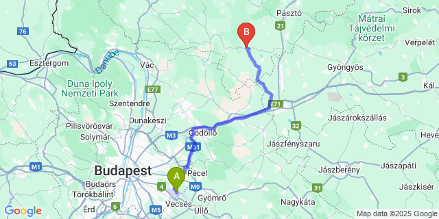 Map: Budapest Airport (BUD), Ferihegy, Liszt Ferenc to Szirák