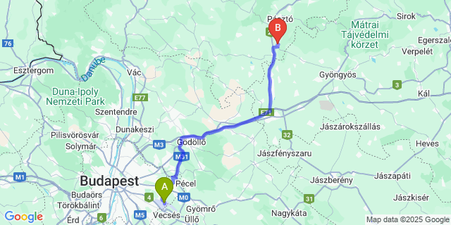 Map: Budapest Airport (BUD), Ferihegy, Liszt Ferenc to Szurdokpüspöki