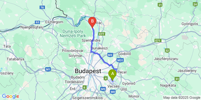Map: Budapest Airport (BUD), Ferihegy, Liszt Ferenc to Tahitótfalu