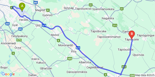 Map: Budapest Airport (BUD), Ferihegy, Liszt Ferenc to Tápiószele