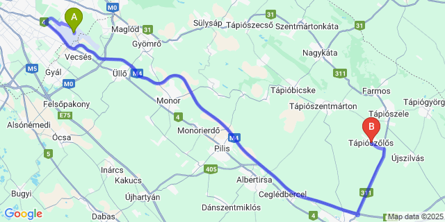 Map: Budapest Airport (BUD), Ferihegy, Liszt Ferenc to Tápiószõlõs