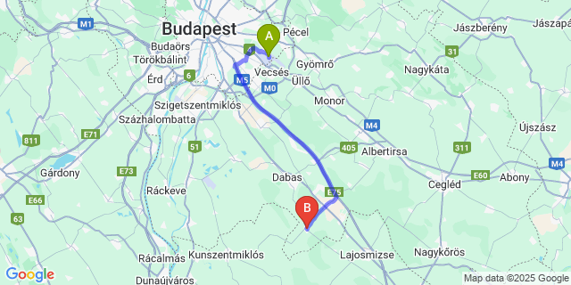 Map: Budapest Airport (BUD), Ferihegy, Liszt Ferenc to Tatárszentgyörgy