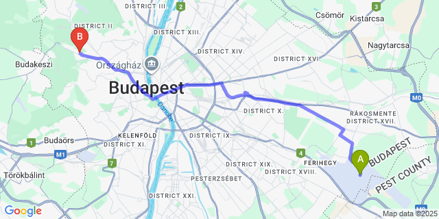 Map: Budapest Airport (BUD), Ferihegy, Liszt Ferenc to The Hotel Unforgettable - Hotel Tiliana by Homoky Hotels & Spa