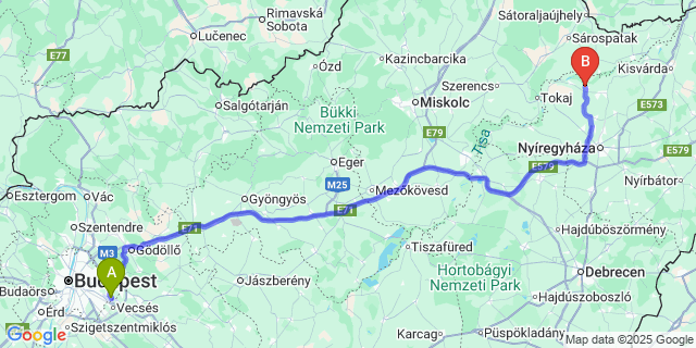 Map: Budapest Airport (BUD), Ferihegy, Liszt Ferenc to Tiszabercel