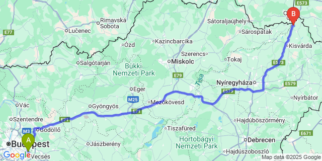 Map: Budapest Airport (BUD), Ferihegy, Liszt Ferenc to Tiszabezdéd