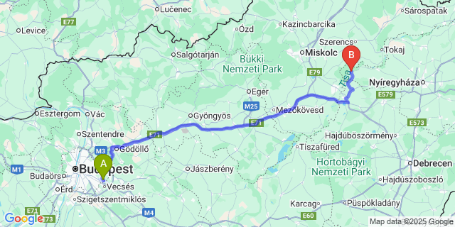 Map: Budapest Airport (BUD), Ferihegy, Liszt Ferenc to Tiszadob