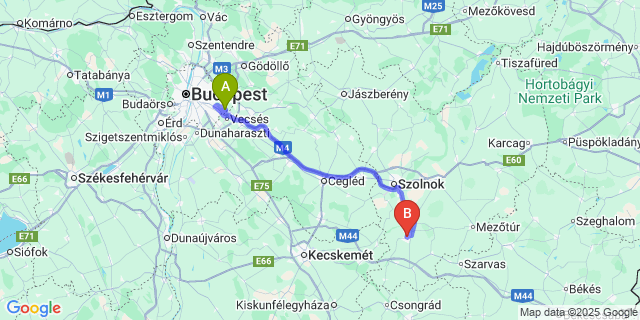 Map: Budapest Airport (BUD), Ferihegy, Liszt Ferenc to Tiszaföldvár