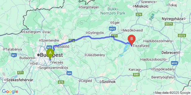 Map: Budapest Airport (BUD), Ferihegy, Liszt Ferenc to Tiszafüred
