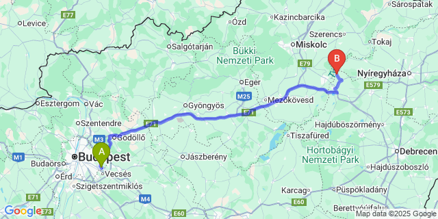 Map: Budapest Airport (BUD), Ferihegy, Liszt Ferenc to Tiszagyulaháza