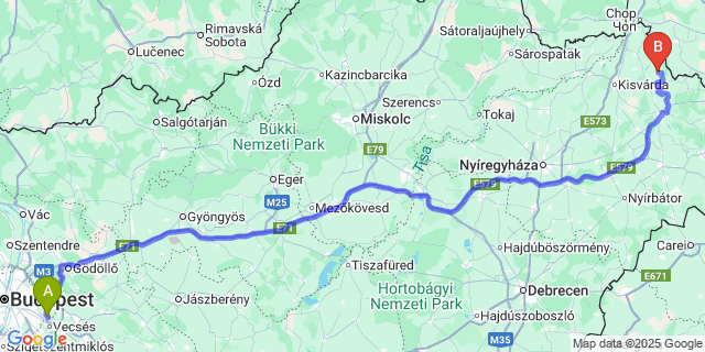 Map: Budapest Airport (BUD), Ferihegy, Liszt Ferenc to Tiszakerecseny