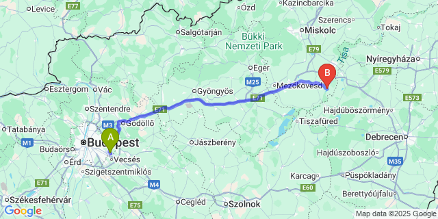 Map: Budapest Airport (BUD), Ferihegy, Liszt Ferenc to Tiszakeszi